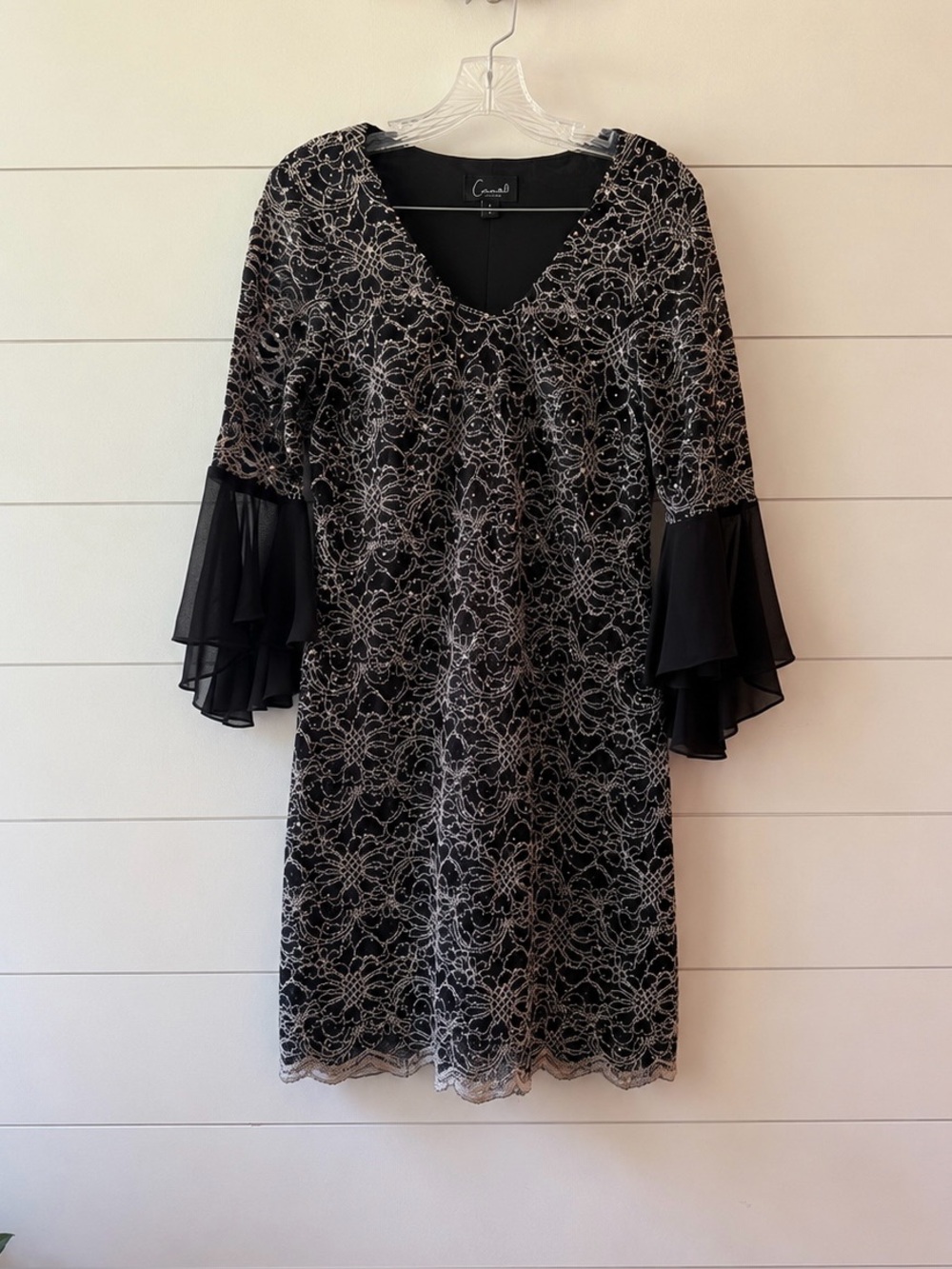 Connected Apparel Black Lace Sequin Cocktail Dress Bell Sleeve Size 8